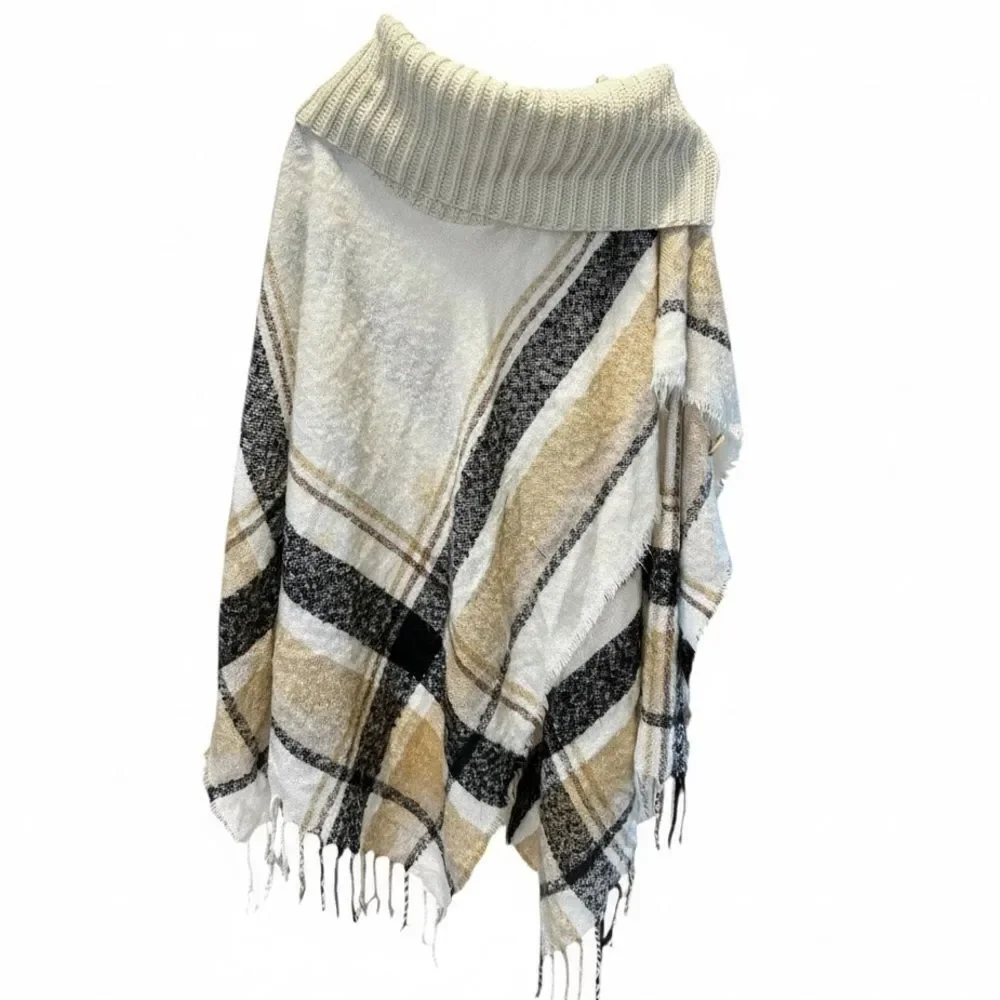 EUC Johnston & Murphy Plaid Cream/Tan Fringe Turtleneck Acrylic Poncho Wrap - OS